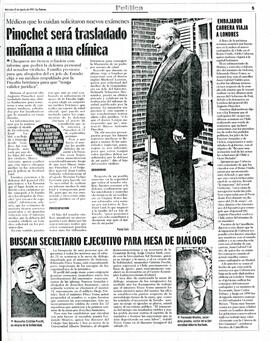 Pinochet será trasladado mañana a una clínica