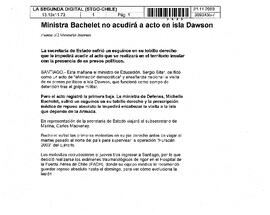 Ministra Bachelet no acudirá a acto en Isla Dawson