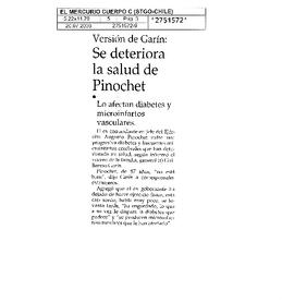 Se deteriora la salud de Pinochet