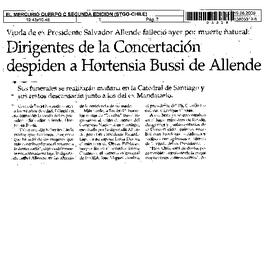 Dirigentes de la Concertación despiden a Hortensia Bussi de Allende.