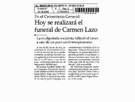 Hoy se realizará el funeral de Carmen Lazo.