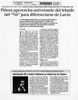 Piñera aprovecha aniversario de triunfo del "No" para diferenciarse de Lavín.
