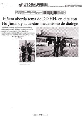 Piñera aborda tema de DD.HH. en cita con Hu Jintao, y acuerdan mecanismo de diálogo.