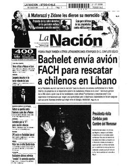 Portada. Bachelet envía avión FACH para rescatar a chilenos en Líbano